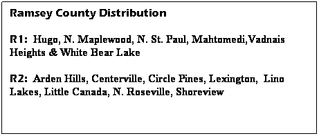 Text Box: Ramsey County Distribution
R1:  Hugo, N. Maplewood, N. St. Paul, Mahtomedi,Vadnais Heights & White Bear Lake
R2:  Arden Hills, Centerville, Circle Pines, Lexington,  Lino Lakes, Little Canada, N. Roseville, Shoreview
